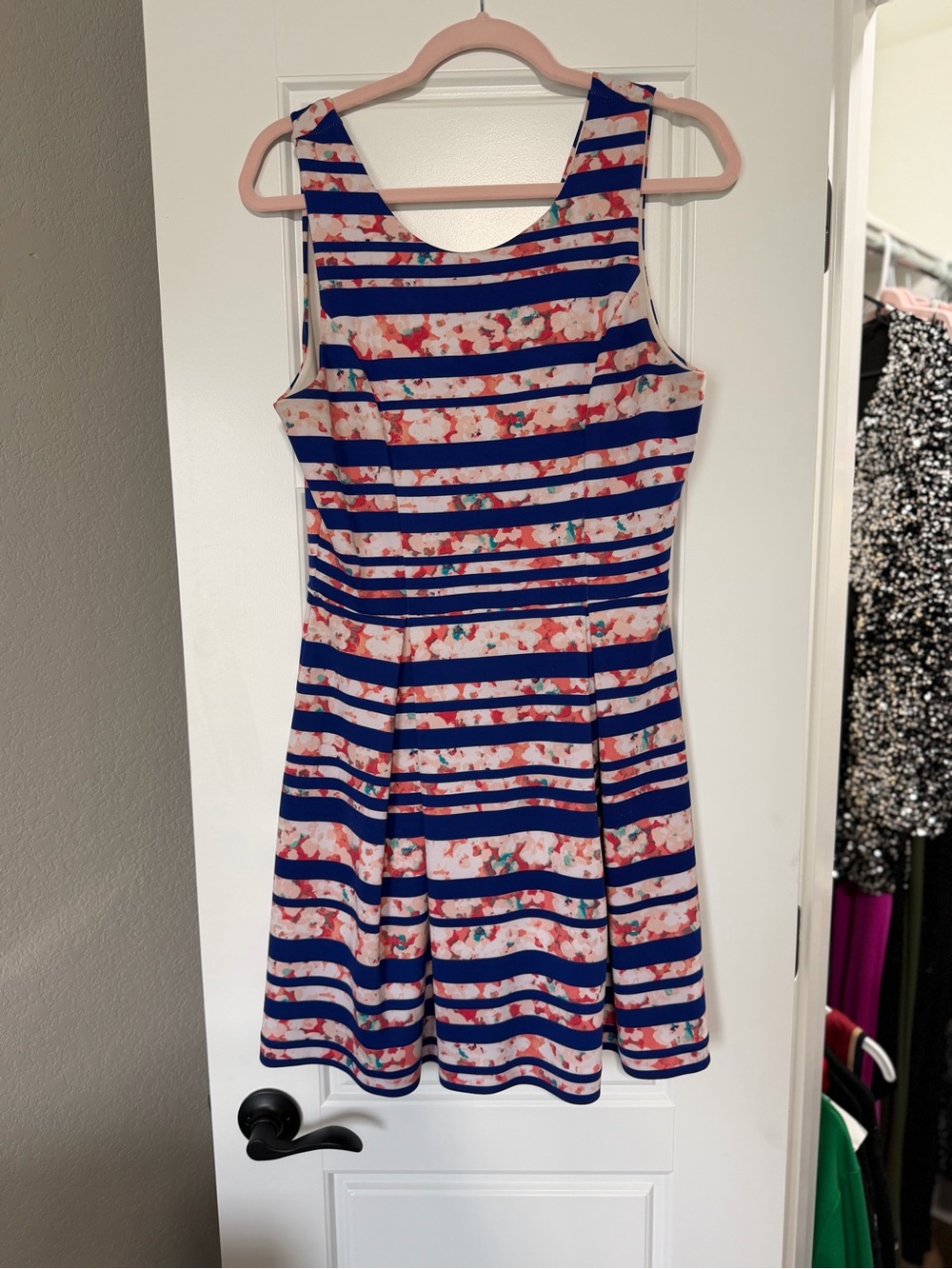 Girls' Blue and Pink Striped Floral Fit-and-Flare Dress